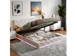 Letto Imbottito Fortuna Lai 160X200 Cm, Letto Contenitore Idraulico Con Led, Rete A Doghe E Giroletto, Beige