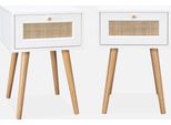 Set 2 Comodini Effetto Legno E Cannage, Bianco Sporco