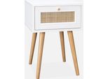 Comodino Effetto Legno E Intrecciatura Cannage, 1 Cassetto, Bianco Sporco