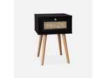 Comodino Effetto Legno E Intrecciatura Cannage, 1 Cassetto, Nero