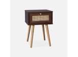 Comodino Effetto Legno E Intrecciatura Cannage, 1 Cassetto, Marrone Scuro