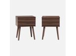 Set 2 Comodini Scandinavi Con Decoro In Legno Scanalato, Noce