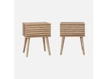 Set 2 Comodini Scandinavi Con Decoro In Legno Scanalato, Marrone Naturale