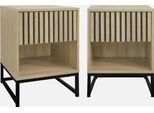 Set 2 Comodini Contemporanei, Decoro In Legno Scanalato, 1 Cassetto, Marrone Naturale
