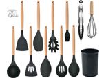 Set Di Utensili Da Cucina, 12 Pezzi, In Silicone, Resistente Al Calore, Antiaderente, Manico In Legno, Nero, Ideale Per Ogni Cucina.