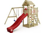 Wickey Torre Gioco Per Arrampicata Con Tetto In Legno Multiflyer Con Altalena E Scivolo, Torre Per Arrampicata Con Tetto In Legno, Sabbiera, Scala E Accessori Da Gioco - Rosso