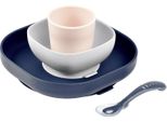 BÉAba, Set Pappa In Silicone, Con Ventosa, Antiscivolo, 4 Pezzi, Piatto + Ciotola + Bicchiere + Cucchiaio, Silicone Sano E Sostenibile, Lavabile In Lavastoviglie, Adatto Al Microonde, Blu Notte