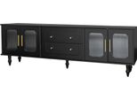 Mobile Tv Retrò Fortuna Lai 177 Cm, Maniglie Dorate, 2 Cassetti, Anta In Vetro E Gambe In Legno Massiccio, Nero