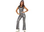 70S Disco Classic Party Jumpsuit Shiny Look Glamour Retro Night Event Outfit Dance, Taglia: 42 - 44 (L) Colore: Argento