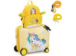 Costway 2 Pezzi Valigia Per Bambini + Zaino, Trolley Per Bambini Da 12"+18"" Con Ruote E Guscio Rigido Impermeabile (Unicorno Giallo)"