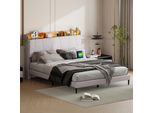 Letto Imbottito Fortuna Lai 140X200 Cm Con Illuminazione Led E Ricarica Usb, Letto Con 4 Cassetti, Materiale Di Lino, Letto Per Ragazzi, Senza Materasso, Beige