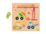 Goki 57439 Puzzle A Intarsio Veicoli Da Costruzione 27,5 X 27,5 X 1 Cm, Legno, 4 Motivi, 12 Pezzi, Colorato