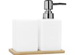 Quvio Distributore Di Sapone Con Portaspazzolino + Sottobicchiere In Legno - Pompa Per Sapone - Sapone Per Le Mani - Porta Sapone - 8,5 X 16 X 16 - Bianco