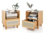 Costway Comodino 2Er In Bambù, Tavolino Con Cassetto, Piano In Vetro, Comodino 43X35X50Cm