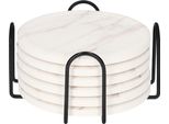 Quvio Sottobicchiere - Set Di 6 - Con Supporto - Per Bicchieri - Sottobicchiere - Aspetto Marmo - Bianco - Supporto Nero - Legno - Metallo - Diametro 10,5 Cm