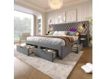 Letto Imbottito Flieks 180X200Cm Con Usb E Lampada Da Lettura, Letto Matrimoniale Contenitore Con Comodino E 4 Cassetti, Letto Funzionale In Legno, Velluto, Grigio