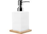 Quvio Distributore Di Sapone Con Sottobicchiere In Legno - Pompa Per Sapone - Sapone Per Le Mani - Porta Sapone - 6,5 X 6,5 X 15 Cm - Bianco