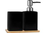 Quvio Distributore Di Sapone Con Portaspazzolino + Sottobicchiere In Legno - Pompa Per Sapone - Sapone Per Le Mani - Porta Sapone - 8,5 X 16 X 16 - Nero