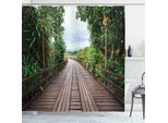 Abakuhaus Tenda Da Doccia Con Motivo Paesaggistico, Ponte Di Legno, Albero Esotico, Giungla, Cielo, Nuvole, Viaggio, Alberi, Natura, Motivo Fotografico, 175 X 200 Cm, Marrone Verde