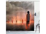 Abakuhaus Tenda Da Doccia Zombie, Persone In Fiamme Tempesta Di Sabbia Cielo Nuvoloso Città Nebbiosa Illustrazione Motivo, 175 X 200 Cm, Perla Guscio D'uovo Vermiglio