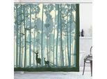 Abakuhaus Tenda Da Doccia Con Cervo, Silhouette Di Animali, Animali Della Foresta Nella Nebbia, Motivo Dell'alba, 175 X 200 Cm, Nero, Bianco, Grigio