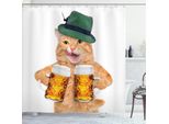 Abakuhaus Tenda Da Doccia Con Gatto, Gatto Tedesco Con Cappello Verde E Boccali Di Birra, Bevanda Bavarese, Motivo Fotografico, 175 X 220 Cm, Multicolore