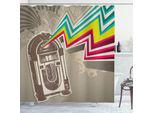 Abakuhaus Tenda Da Doccia Con Motivi Musicali, Raggi Di Sole Anni '70, Radio, Festa, Motivi Zig Zag Retrò, Illustrazione, 175 X 200 Cm, Grigio Chiaro E Bianco