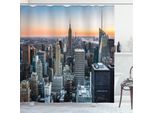 Abakuhaus Tenda Da Doccia New York, Skyline Di Manhattan, Panorama Urbano Moderno, Stampa Fotografica Con Tramonto, 175 X 200 Cm, Grigio E Arancione
