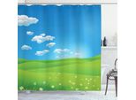 Abakuhaus Tenda Da Doccia Con Paesaggio, Caricatura Paesaggio Nuvole Valle Colline Erba Raggi Di Sole Fiori Stampa Artistica, 175 X 180 Cm, Blu Bianco Verde