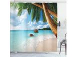 Tenda Da Doccia Abakuhaus, Palme Verdi, Acqua Cristallina, Sabbia Esotica, Scogli E Colline In Lontananza, 175 X 180 Cm, Multicolore