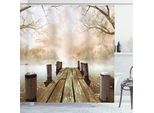 Abakuhaus Tenda Da Doccia Autunnale, Vecchio Pontile Di Legno Su Un Lago Con Foglie Cadute E Foresta Nebbiosa In Lontananza, 175 X 180 Cm, Marrone Chiaro Verde Tan