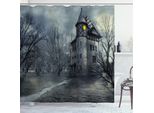 Abakuhaus Tenda Da Doccia Halloween, Design Halloween Con Casa Infestata Gotica, Cielo Scuro E Alberi Spogli, Tema Fantasma, 175 X 220 Cm, Verde Acqua