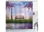 Abakuhaus Tenda Da Doccia Naturale, Panchina Su Un Fiume Che Scorre Con Luna A Forma Di Falce, Lavanda, Alberi, Erba, Illustrazione, 175 X 220 Cm, Multicolore