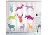 Abakuhaus Tenda Da Doccia Con Corna Di Cervo, Collezione Silhouette Cervi Che Saltano, Corrono E Stanno In Piedi Wilderness Nature, 175 X 220 Cm, Verde Acqua