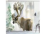 Abakuhaus Tenda Da Doccia Con Corna Di Cervo, Alce, Foresta Invernale, Natura Selvaggia, Renna, Tema Natalizio, Stile Acquerello, 175 X 240 Cm, Beige E Verde