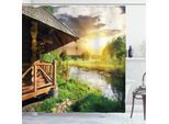 Abakuhaus Tenda Da Doccia Naturale, Casa Di Campagna In Legno Sul Lago Con Orizzonte Boschivo, Nuvole, Cielo E Tramonto, 175 X 220 Cm, Multicolore