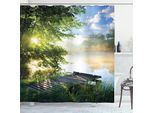 Abakuhaus Tenda Da Doccia Paesaggio, Molo Da Pesca Sul Fiume Al Mattino Con Nuvole E Alberi, Immagine Naturale, 175 X 240 Cm, Verde Bianco Blu
