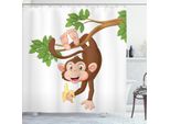 Abakuhaus Tenda Da Doccia Con Caricatura, Scimmia Divertente Appesa All'albero E Banane, Stampa Con Tema Animali Della Giungla, 175 X 240 Cm, Bianco Cioccolato