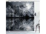 Abakuhaus Tenda Da Doccia Paesaggio, Sfumature Di Grigio Fantasia Campagna Di Notte Cielo Nuvoloso Luna Alberi Foto, 175 X 240 Cm, Bianco Nero Grigio