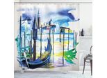 Abakuhaus Tenda Da Doccia Paesaggistica, Vista Con Barca A Venezia, Italia, Vista Sul Mare, Acquerello Scenografico, 175 X 240 Cm, Verde Blu Viola