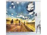 Abakuhaus Tenda Da Doccia Land, Gruppo Di Amici In Moto In Un'avventura Rurale Nel Paesaggio, Grafica In Alto, 175 X 200 Cm, Multicolore