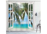 Abakuhaus Tenda Da Doccia Tropicale, Finestra Su Un Paesaggio Esotico Da Spiaggia Composizione Pastorale Con Palme, 175 X 240 Cm, Multicolore