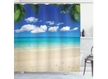 Abakuhaus Tenda Da Doccia Da Viaggio, Isola Soleggiata, Vista Vacanze, Cielo Limpido, Immagine Panoramica Estiva Della Costa, 175 X 180 Cm, Blu Reale, Sabbia, Marrone
