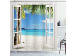 Abakuhaus Tenda Da Doccia Turchese, Palme Esotiche Su Un'isola Oceanica Con Spiaggia Attraverso Finestre In Legno Bianco, 175 X 240 Cm, Verde Bianco Blu