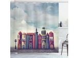 Abakuhaus Tenda Da Doccia Fantasia, Città Con Libri Antichi, Uccelli E Cielo Nuvoloso, Panorama Urbano Letterario, 175 X 240 Cm, Rosso E Blu