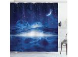 Abakuhaus Tenda Da Doccia Fantasia, Cielo Notturno Con Luna, Stelle Cadenti, Nuvole, Orizzonte, Arte Spaziale Misteriosa, 175 X 180 Cm, Blu Navy E Bianco