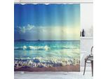 Abakuhaus Tenda Da Doccia Ocean, Isola Tropicale Paradisiaca Spiaggia Con Onde E Lago Nebbioso, 175 X 180 Cm, Crema Turchese
