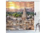 Abakuhaus Tenda Da Doccia Asiatica, Vista Del Tempio Dalle Colline Tramonto Sulla Città Edificio Rock Tower, 175 X 220 Cm, Arancione Crema