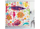 Abakuhaus Tenda Da Doccia Con Motivi Marini, Cartoni Animati Con Pesci, Cavallucci Marini, Stelle Marine, Delfini, Coralli E Vita Sottomarina Per Bambini, 175 X 240 Cm, Multicolore