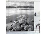 Abakuhaus Tenda Da Doccia Bianca E Nera, Rocce Nell'acqua Sulla Riva Del Lago In Autunno, Isolamento, Tranquillità, Ambiente, 175 X 220 Cm, Bianco E Nero